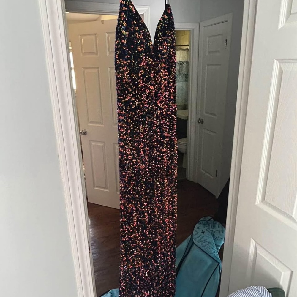 Blush Black and Sequin Plunge Neck Sleeveless Gown